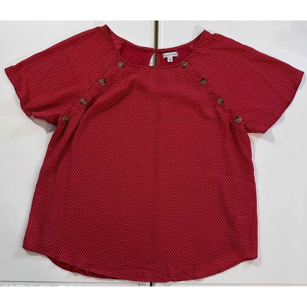 Ophelia Roe Red Polka Dot Blouse Womens 1X Button Detail Flutter Sleeve